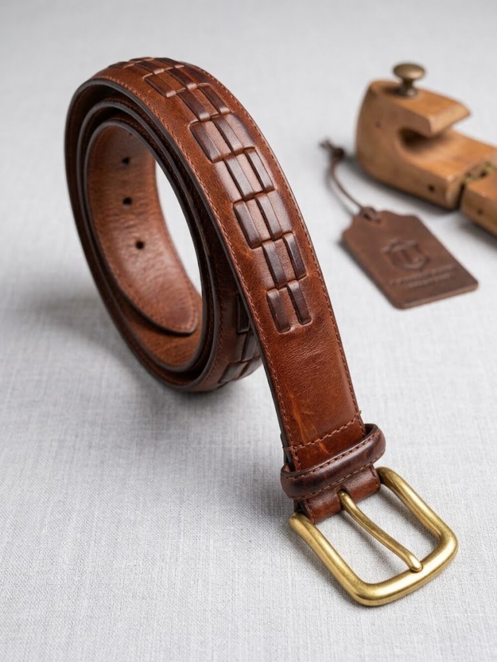 Vintage Men's Brown Woven Inset Genuine Leather Belt with Brass Buckle SZ 36